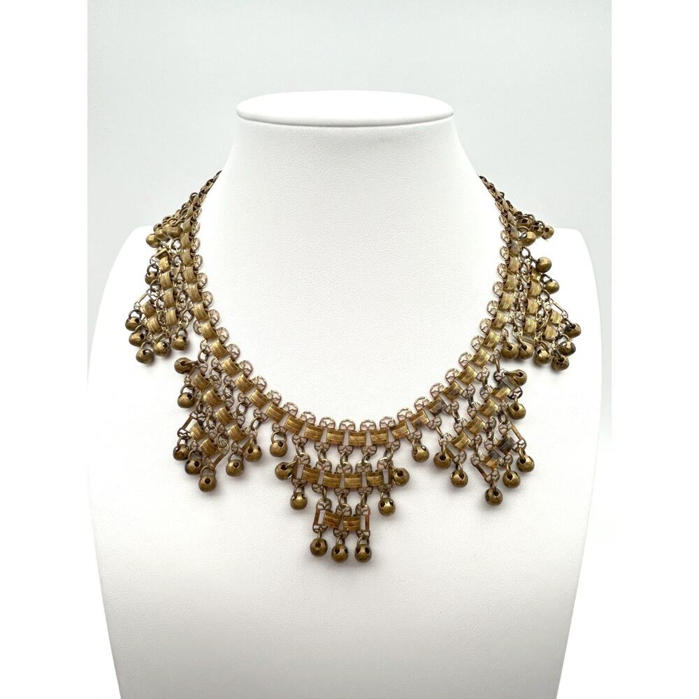 Vintage Egyptian Revival Brass Fringe Bib Necklace Mid Century Statement Choker